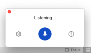 screenshot showing box with blue button with microphone image in it and a cog icon to the left and a question mark to the right