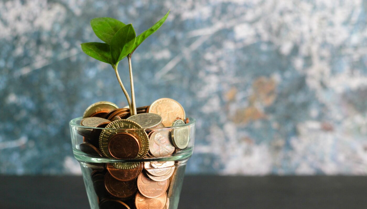 Glass jar of coins with a green plant shoot coming out of the top